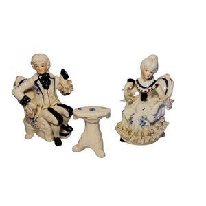 Vintage Blue & White Gold Victorian Porcelain Couple Playing Cards 3 Piece Set